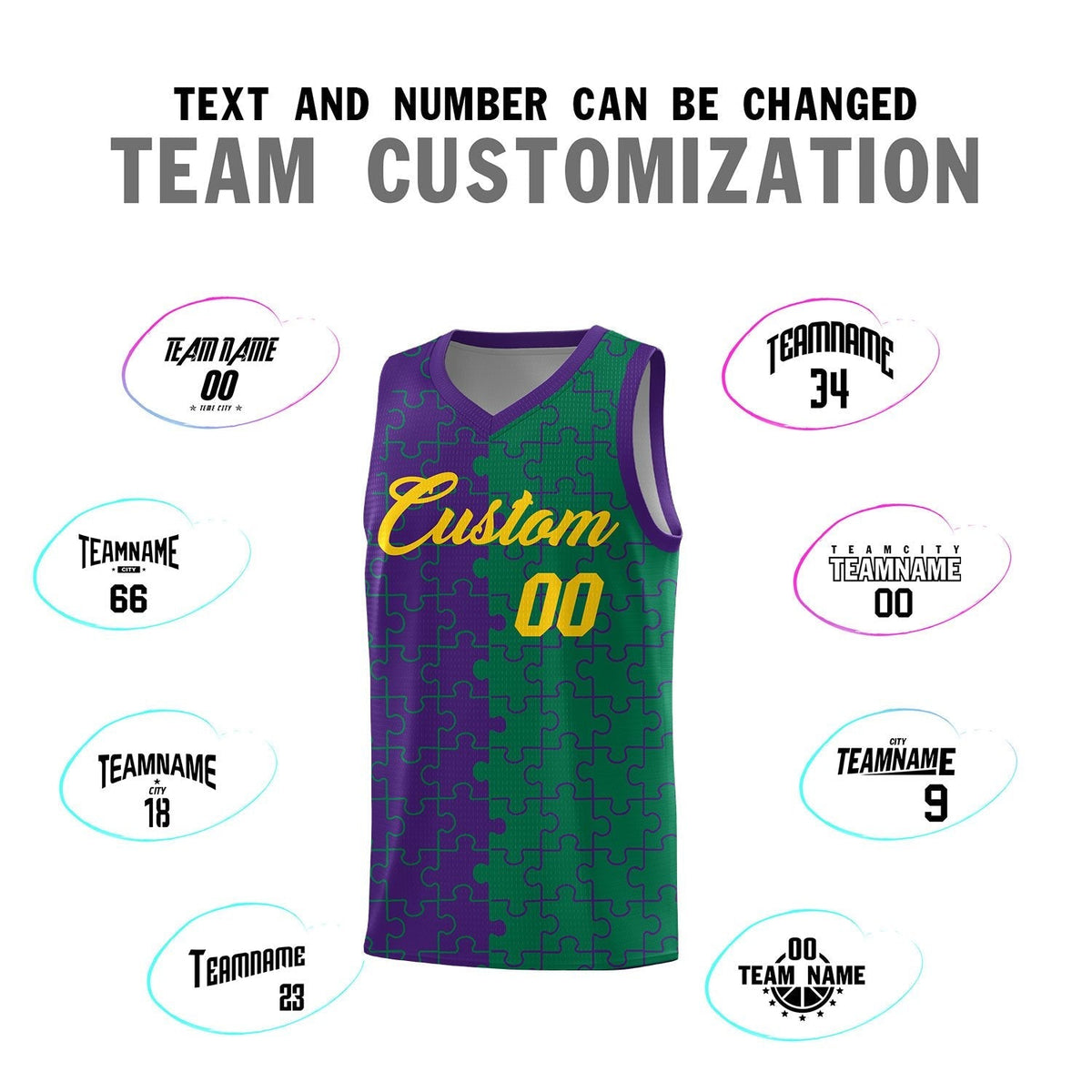 Custom Youth Basketball Jersey Purple Kelly Green Puzzle Pattern Breathable Team Uniform