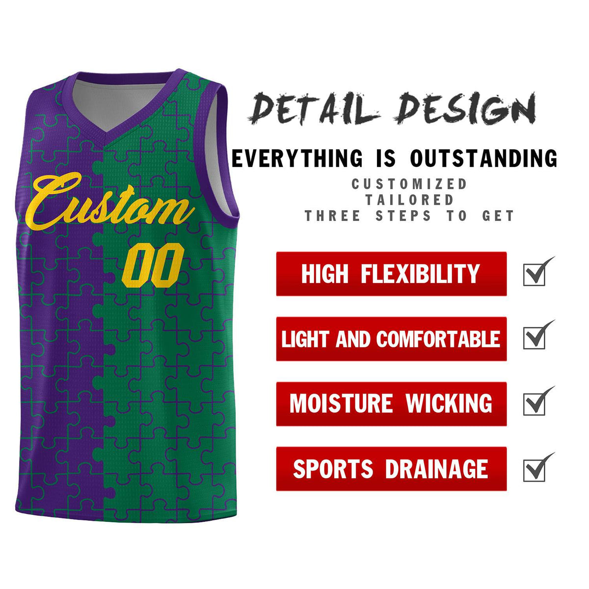 Custom Youth Basketball Jersey Purple Kelly Green Puzzle Pattern Breathable Team Uniform