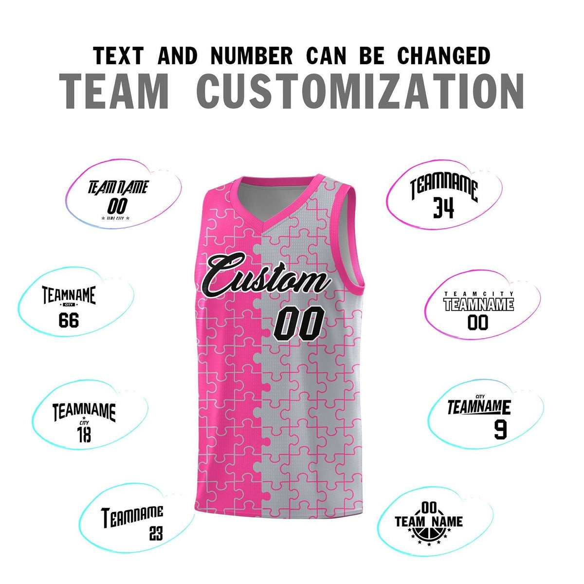 Custom Youth Basketball Jersey Pink Gray Puzzle Pattern Personalized Team Uniform