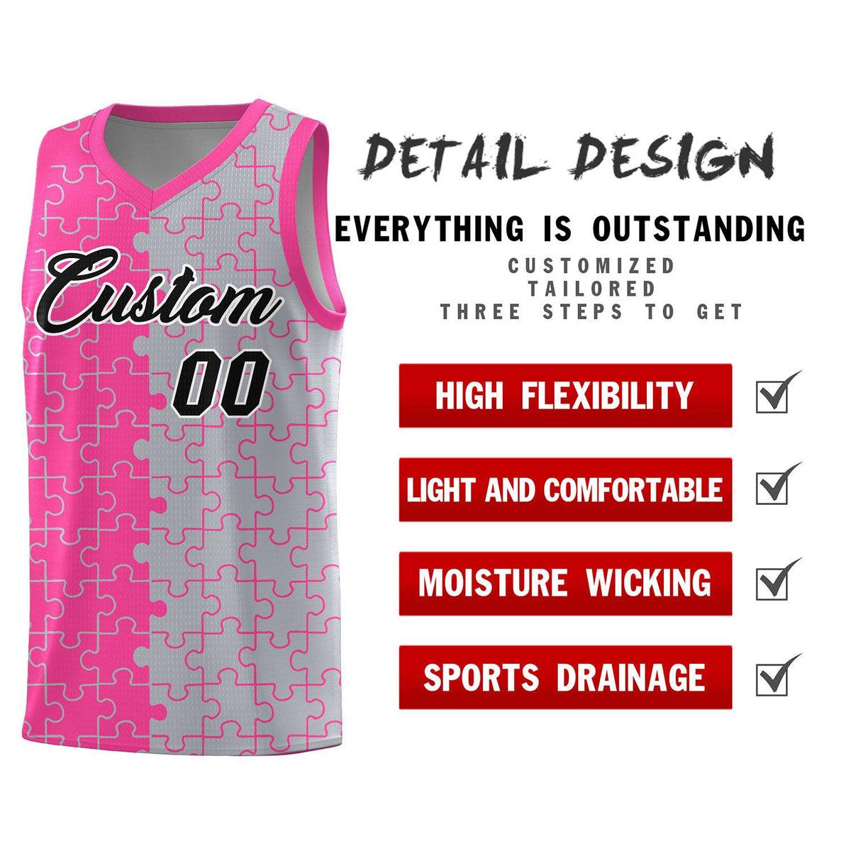 Custom Youth Basketball Jersey Pink Gray Puzzle Pattern Personalized Team Uniform