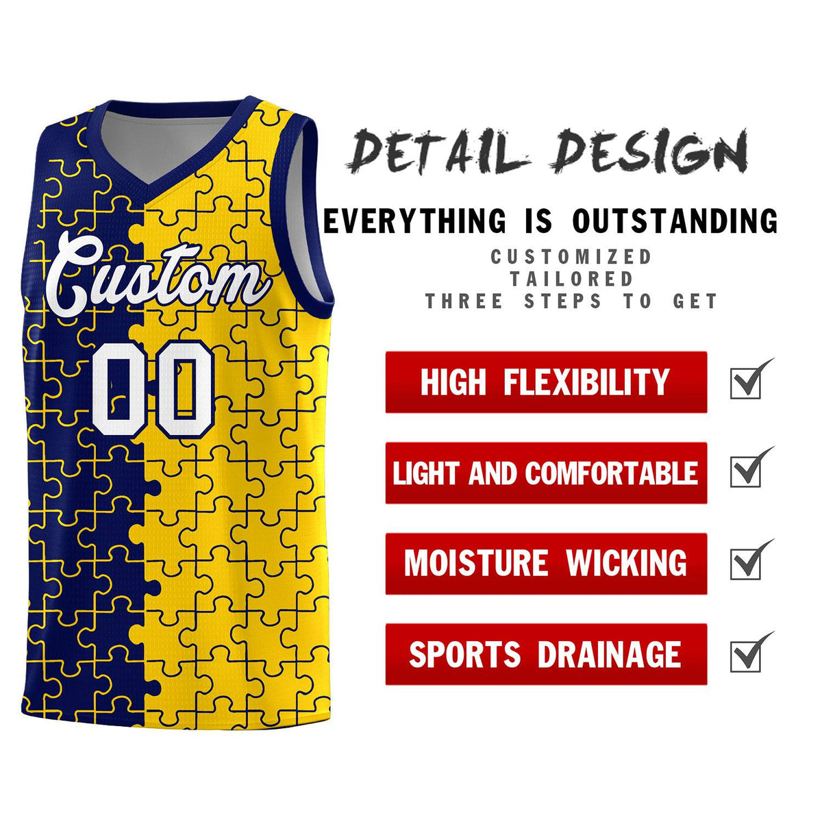 Custom Youth Basketball Jersey Navy Gold Puzzle Pattern Personalized Team Uniform