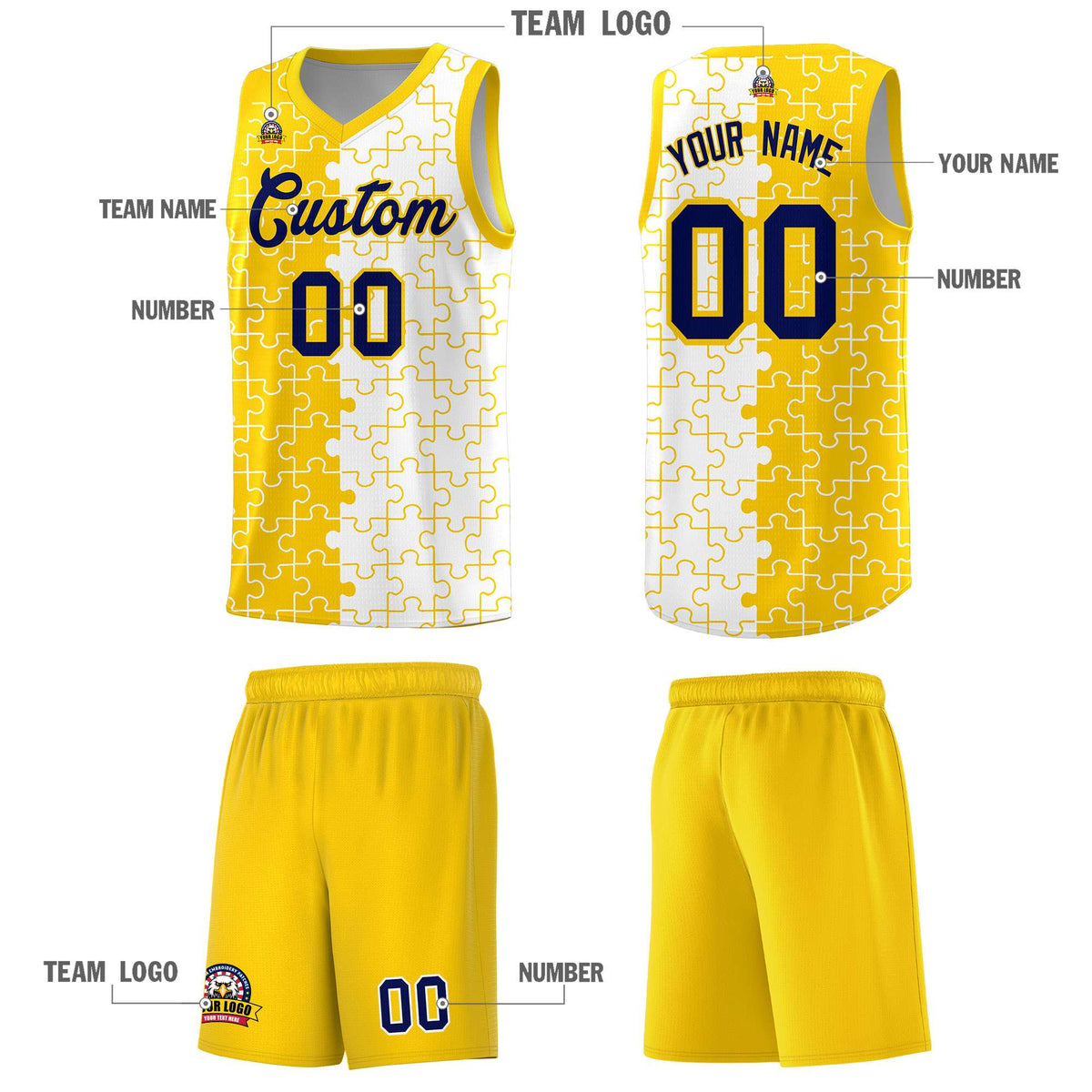 Custom Youth Basketball Jersey Gold White Puzzle Pattern Add Name, Number &amp; Team Logo