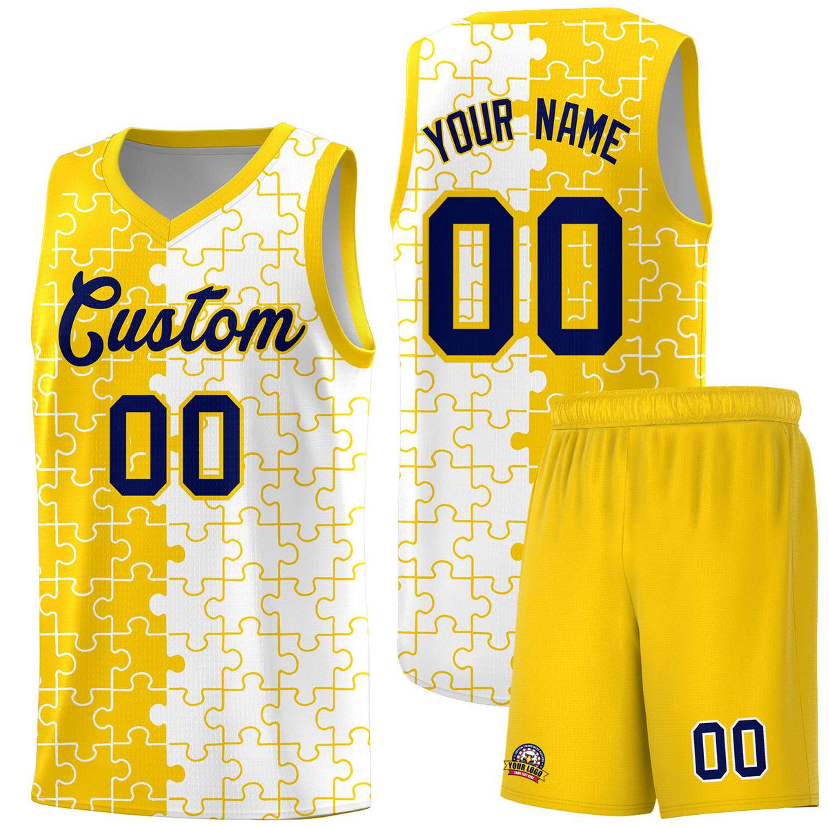 Custom Youth Basketball Jersey Gold White Puzzle Pattern Add Name, Number &amp; Team Logo