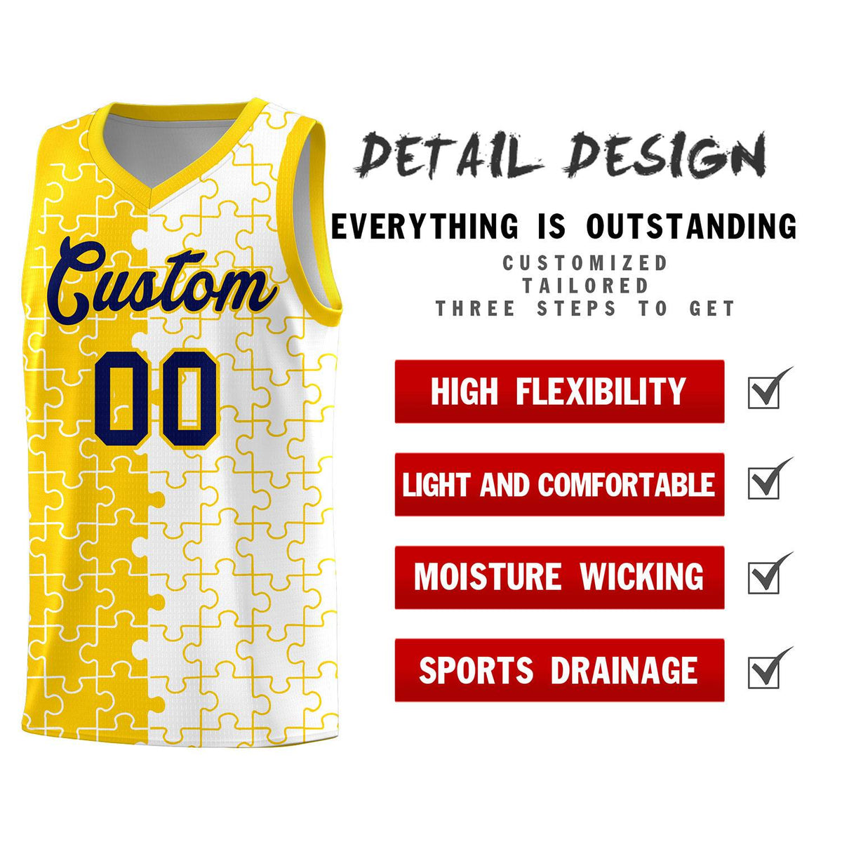 Custom Youth Basketball Jersey Gold White Puzzle Pattern Add Name, Number &amp; Team Logo
