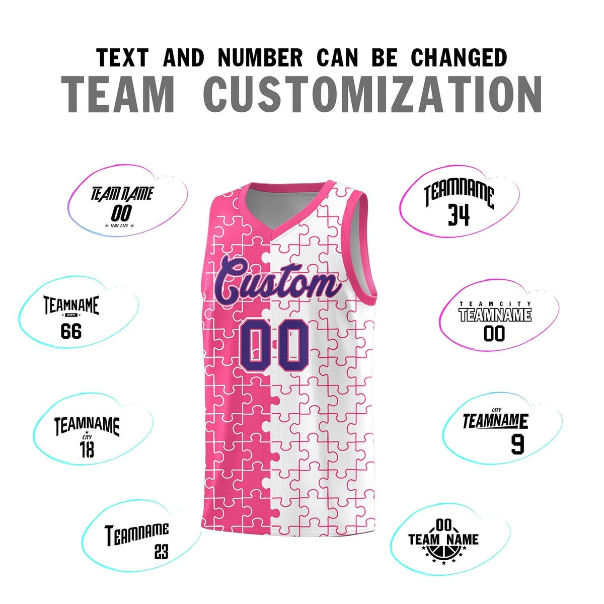 Custom Youth Basketball Jersey Pink White Puzzle Pattern Moisture-Wicking Team Uniform