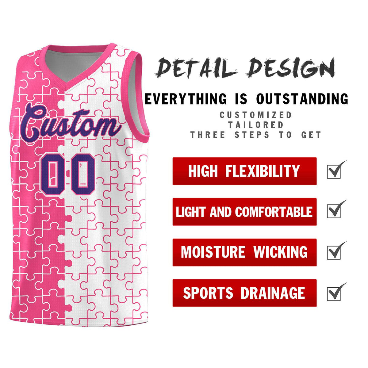 Custom Youth Basketball Jersey Pink White Puzzle Pattern Moisture-Wicking Team Uniform