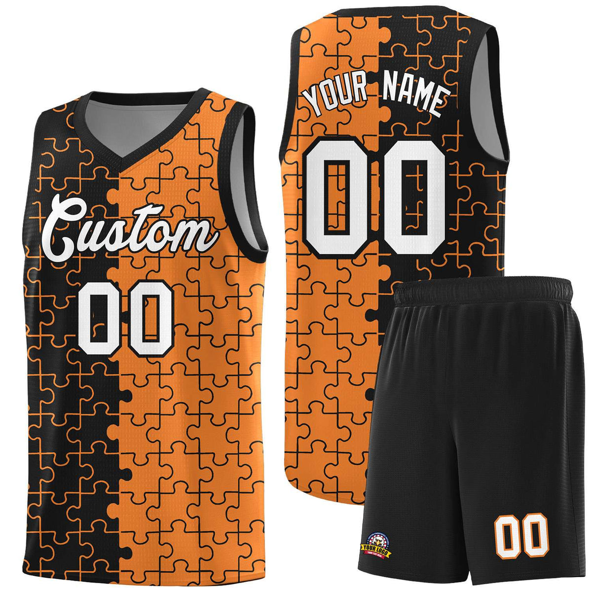 Custom Youth Basketball Jersey Black Gold Orange Puzzle Pattern Add Name, Number &amp; Team Logo