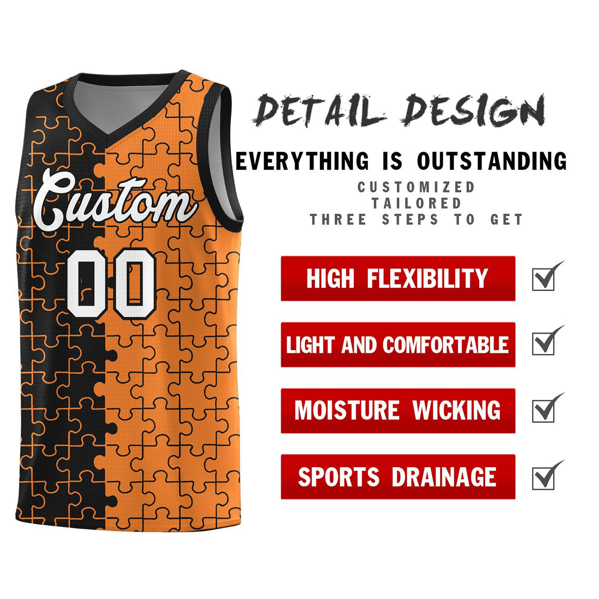 Custom Youth Basketball Jersey Black Gold Orange Puzzle Pattern Add Name, Number &amp; Team Logo