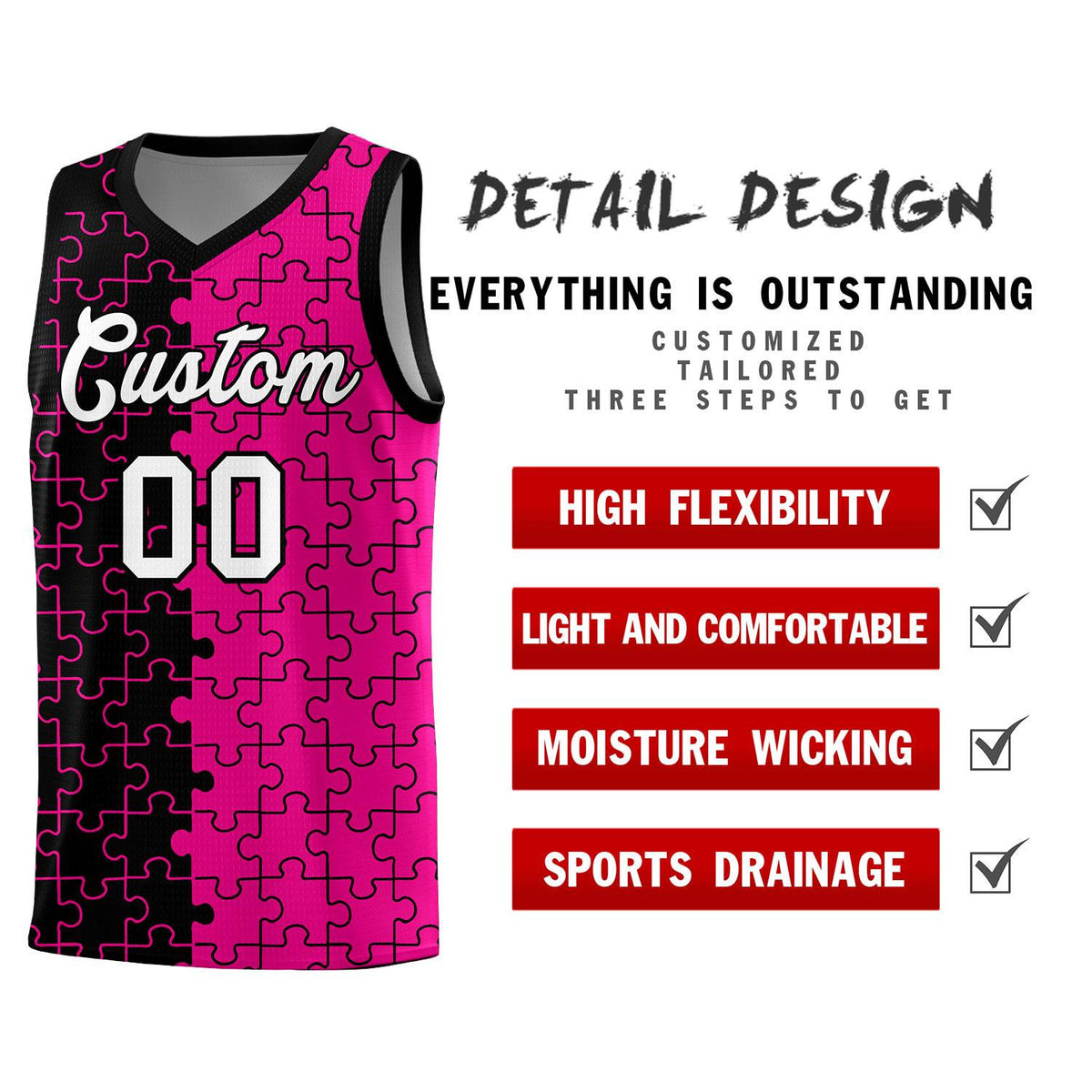 Custom Youth Basketball Jersey Black Pink Puzzle Pattern Moisture-Wicking Team Uniform