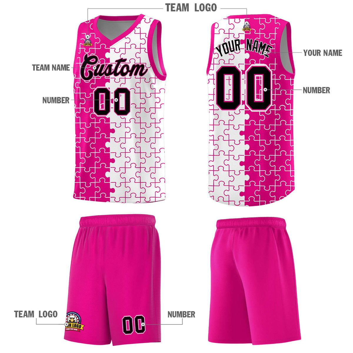 Custom Youth Basketball Jersey Pink White Puzzle Pattern Personalized Team Uniform