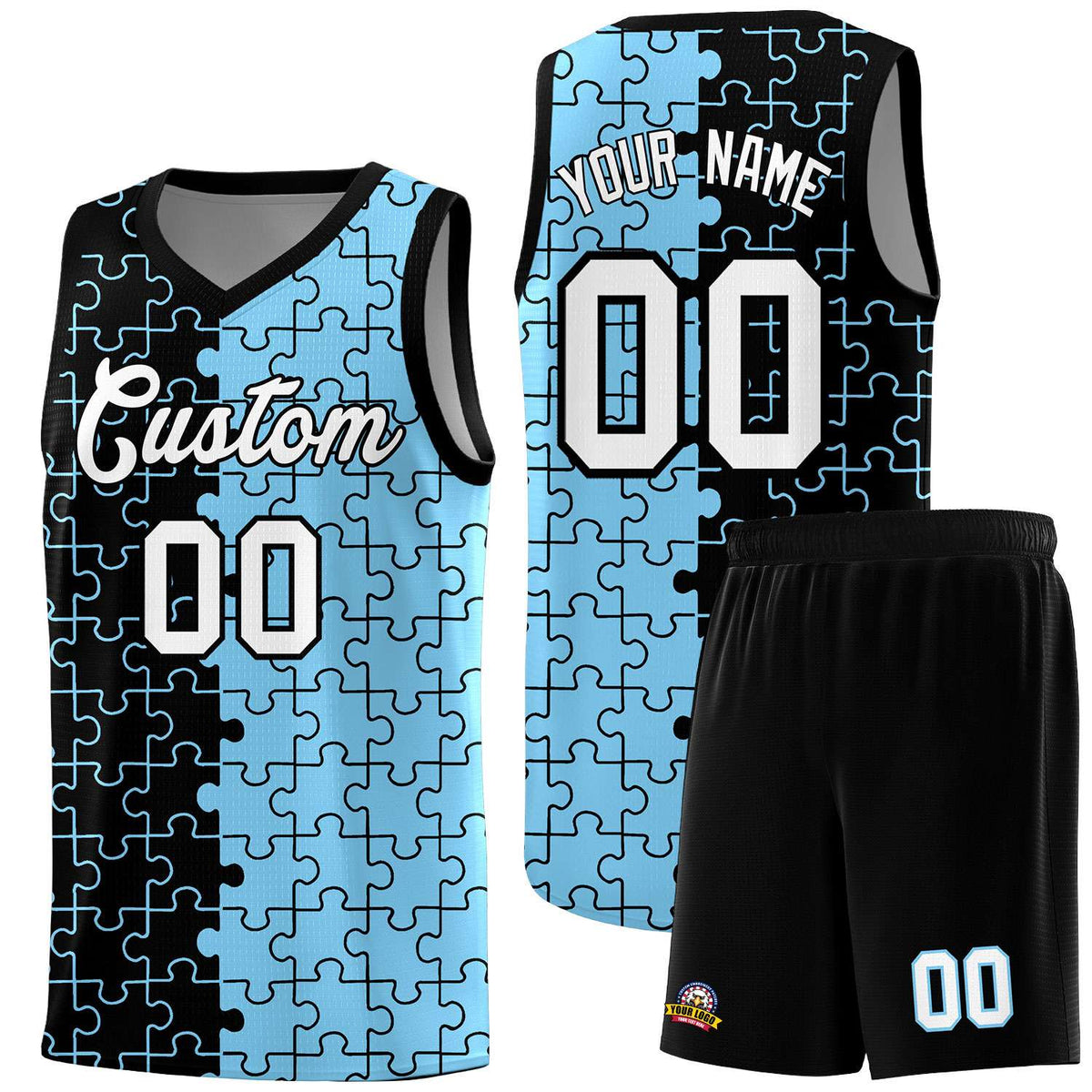 Custom Youth Basketball Jersey Black Light Blue Puzzle Pattern Add Name, Number &amp; Team Logo