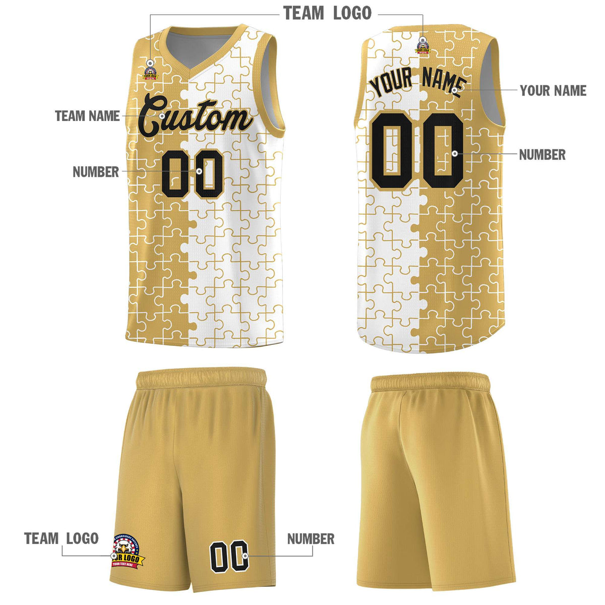 Custom Youth Basketball Jersey Old Gold White Puzzle Pattern Personalized Team Uniform