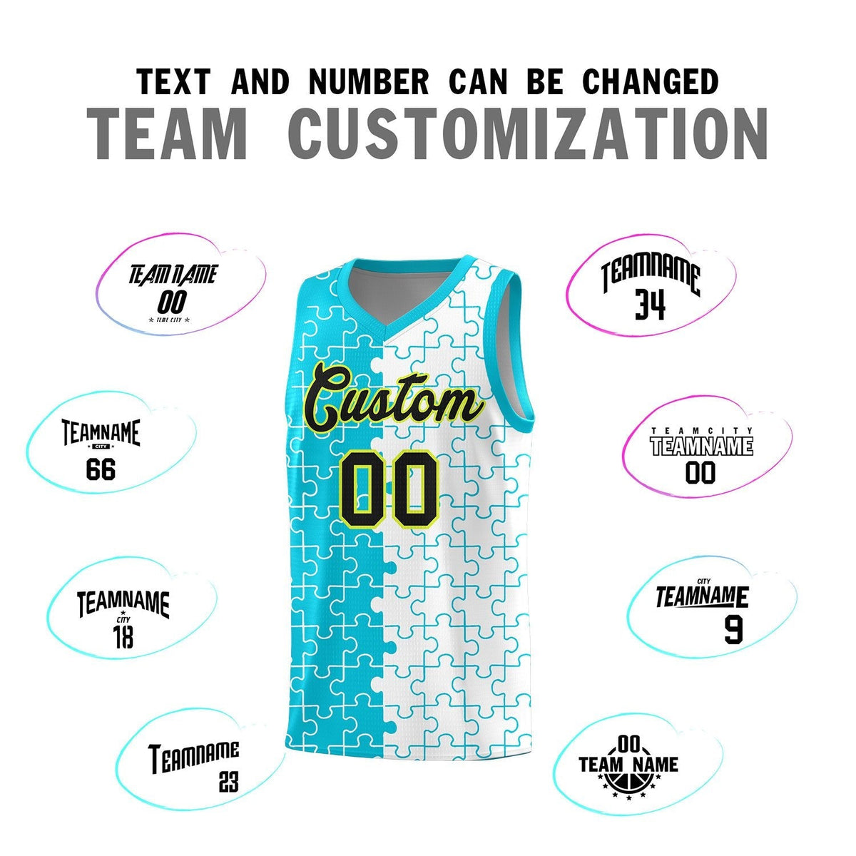 Custom Youth Basketball Jersey Sky Blue White Puzzle Pattern Breathable Team Uniform