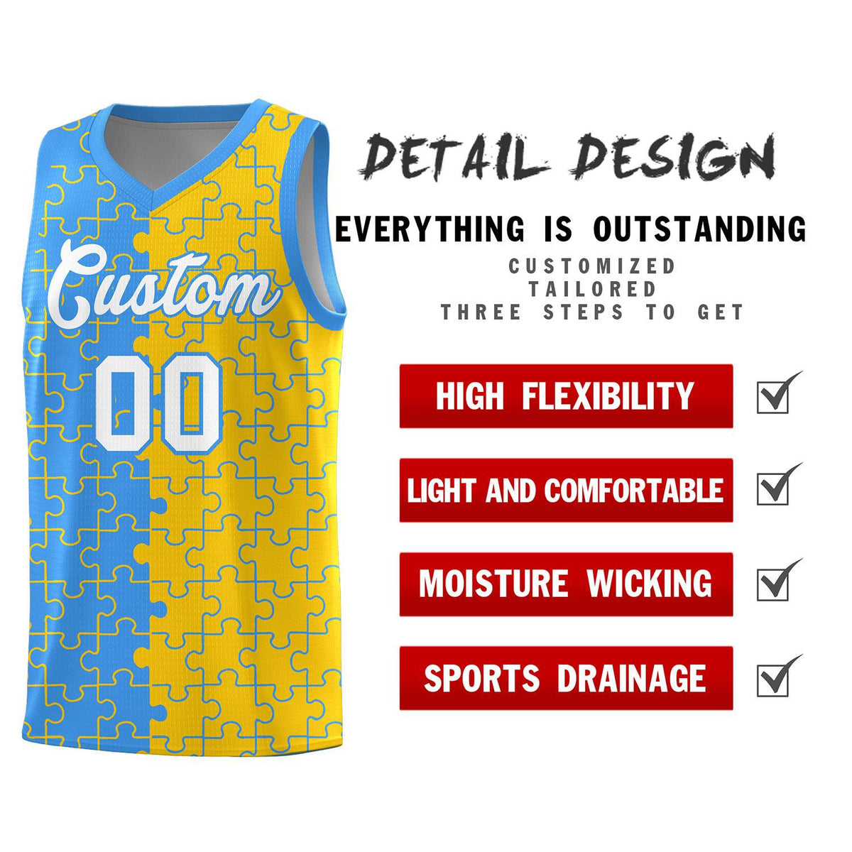 Custom Youth Basketball Jersey Light Blue Gold Puzzle Pattern Moisture-Wicking Team Uniform