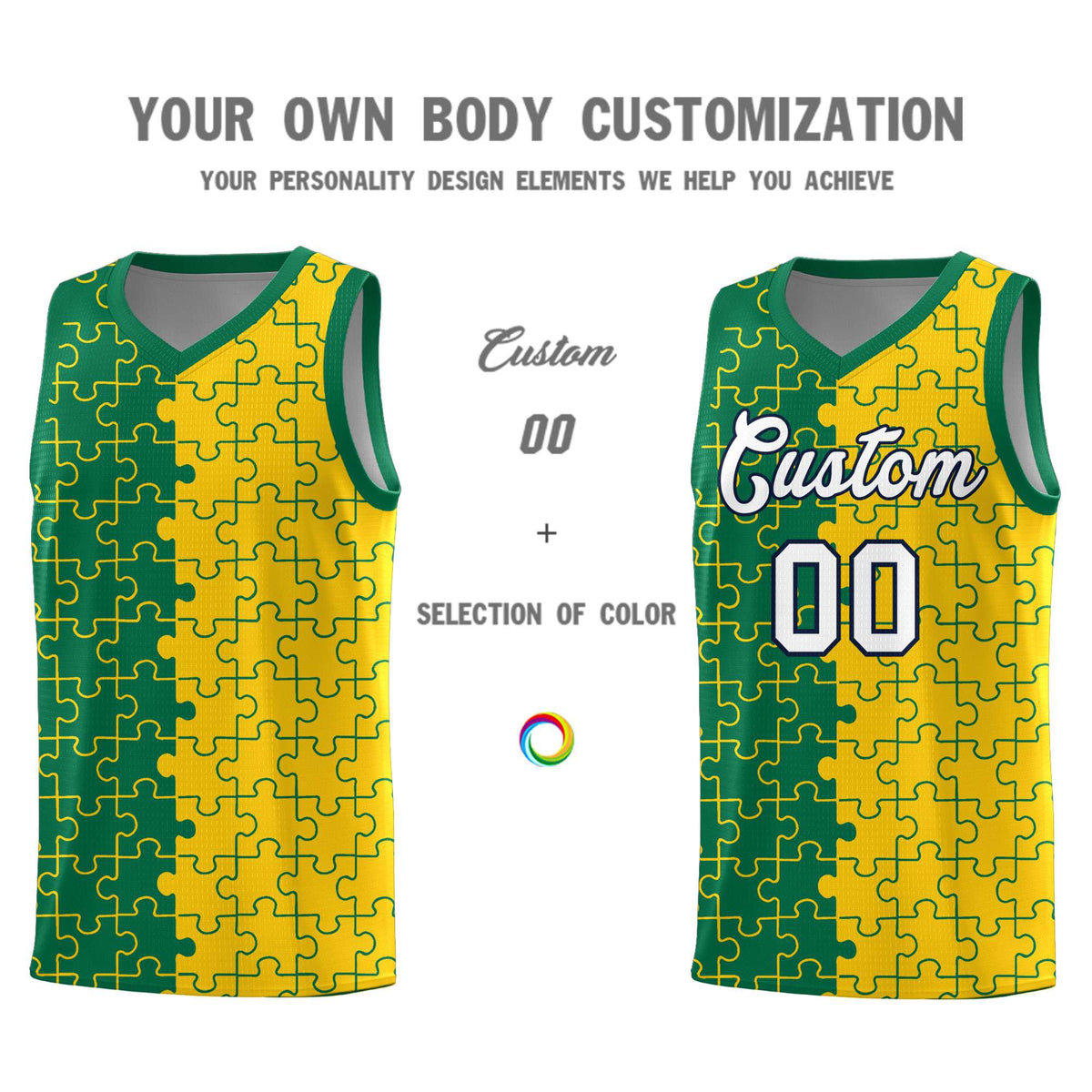 Custom Youth Basketball Jersey Kelly Green Gold Puzzle Pattern Personalized Team Uniform