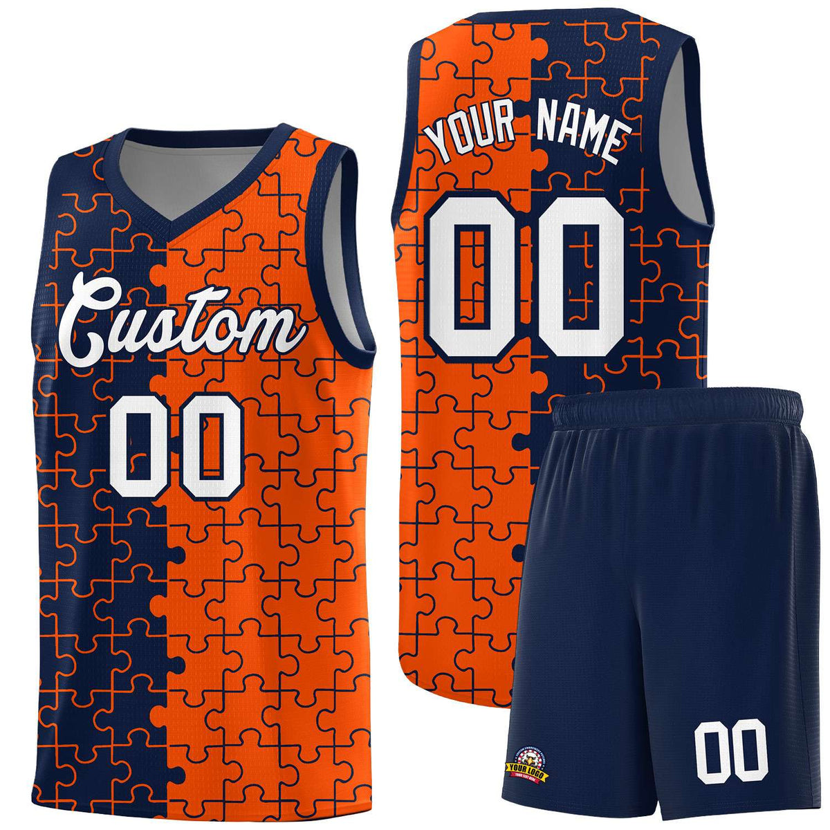 Custom Youth Basketball Jersey Navy Orange Puzzle Pattern Add Name, Number & Team Logo