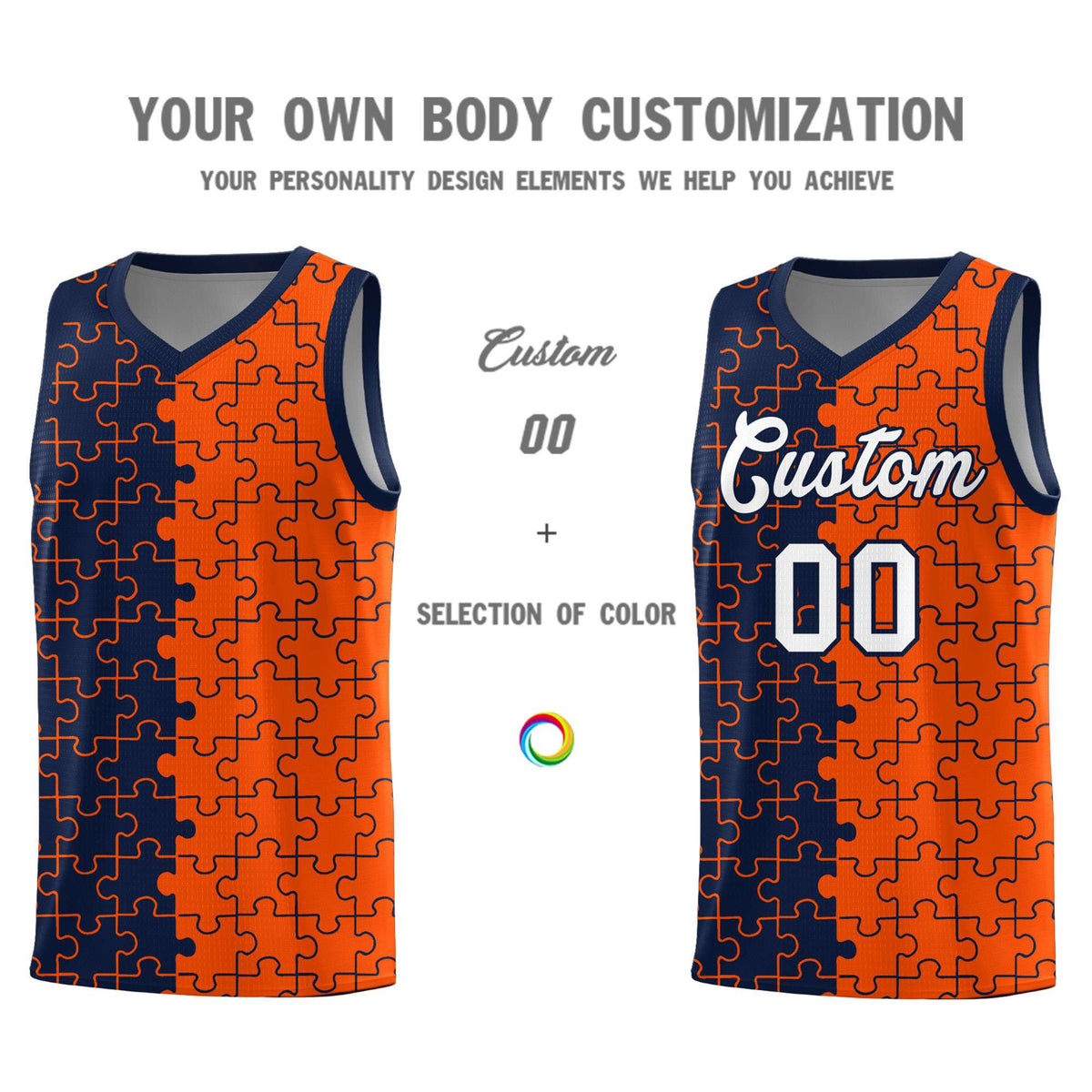 Custom Youth Basketball Jersey Navy Orange Puzzle Pattern Add Name, Number & Team Logo