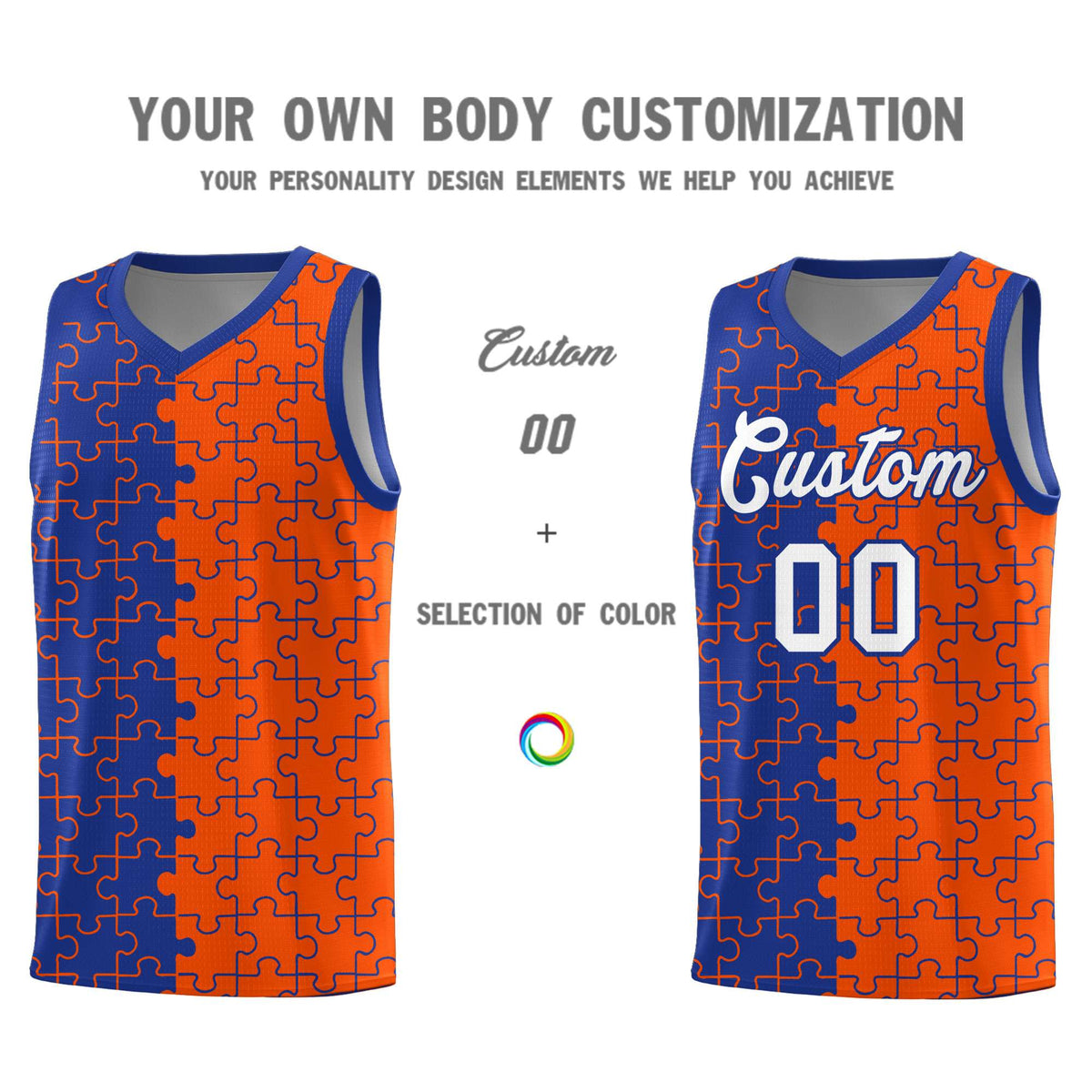 Custom Youth Basketball Jersey Royal Blue Orange Puzzle Pattern Breathable Team Uniform