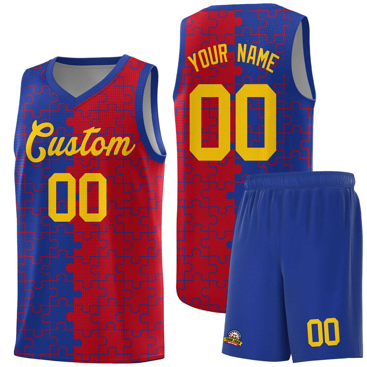 Custom Youth Basketball Jersey Royal Blue Red Puzzle Pattern Personalized Team Uniform