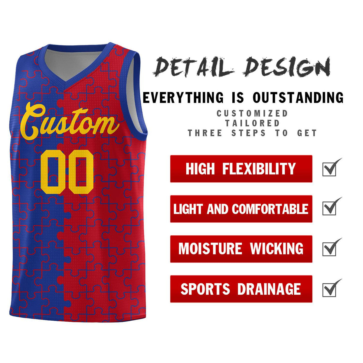 Custom Youth Basketball Jersey Royal Blue Red Puzzle Pattern Personalized Team Uniform