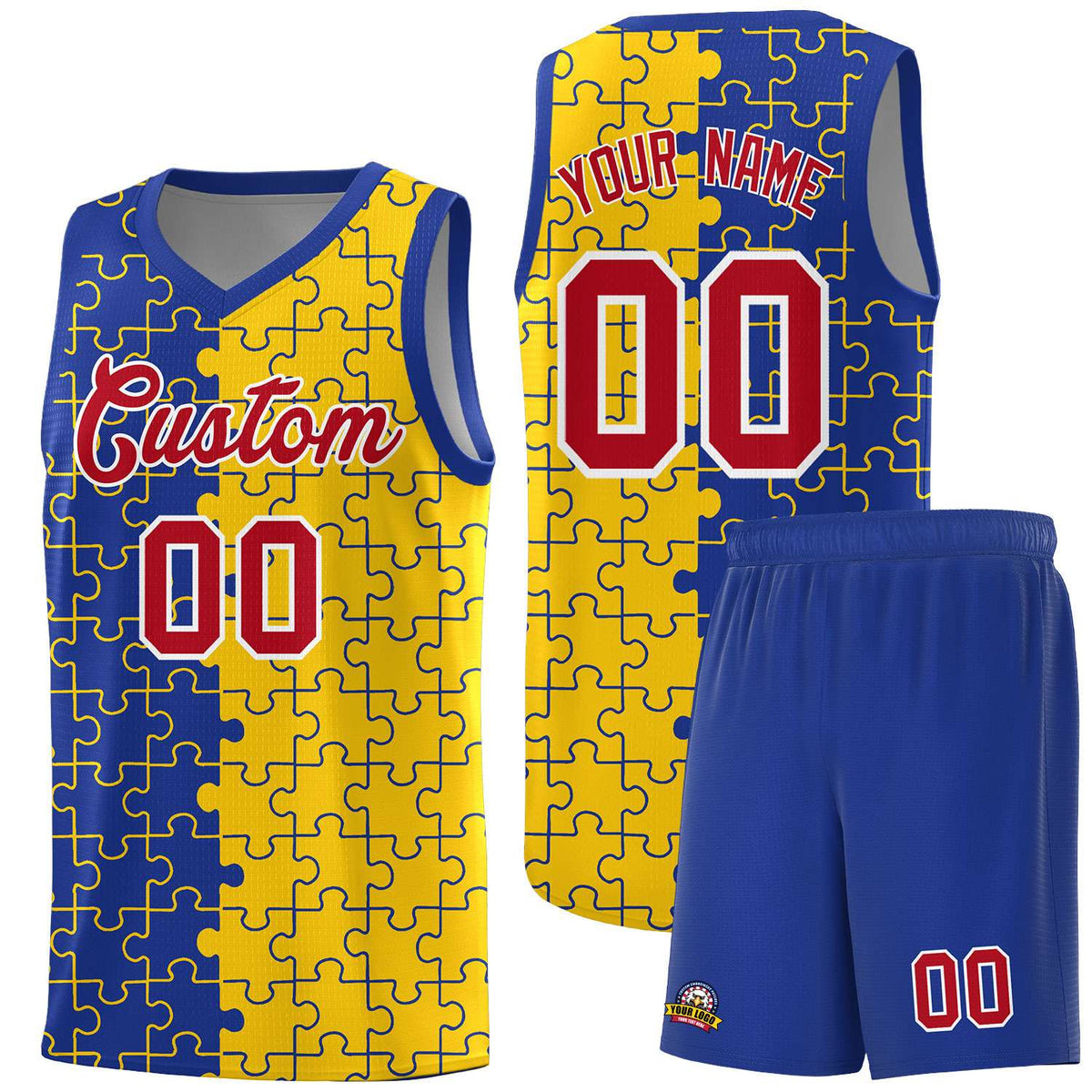 Custom Youth Basketball Jersey Royal Blue Gold Puzzle Pattern Add Name, Number &amp; Team Logo