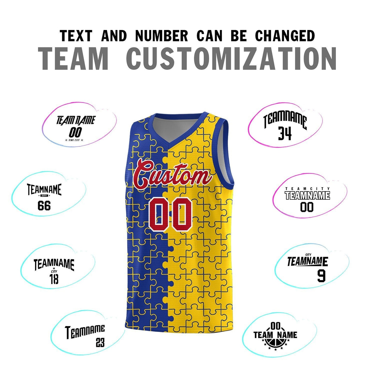 Custom Youth Basketball Jersey Royal Blue Gold Puzzle Pattern Add Name, Number &amp; Team Logo