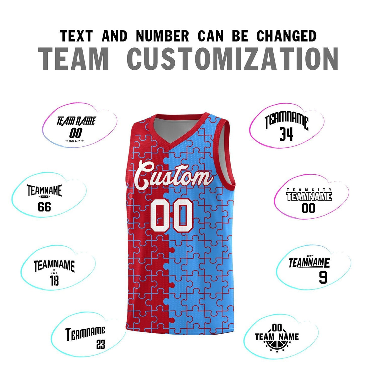Custom Youth Basketball Jersey Red Light Blue Puzzle Pattern Moisture-Wicking Team Uniform