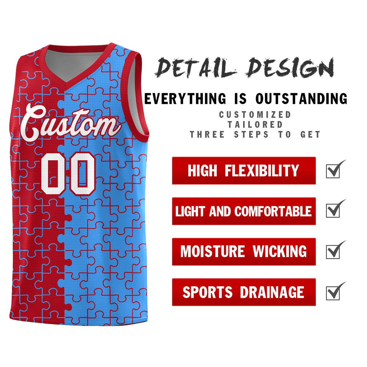 Custom Youth Basketball Jersey Red Light Blue Puzzle Pattern Moisture-Wicking Team Uniform