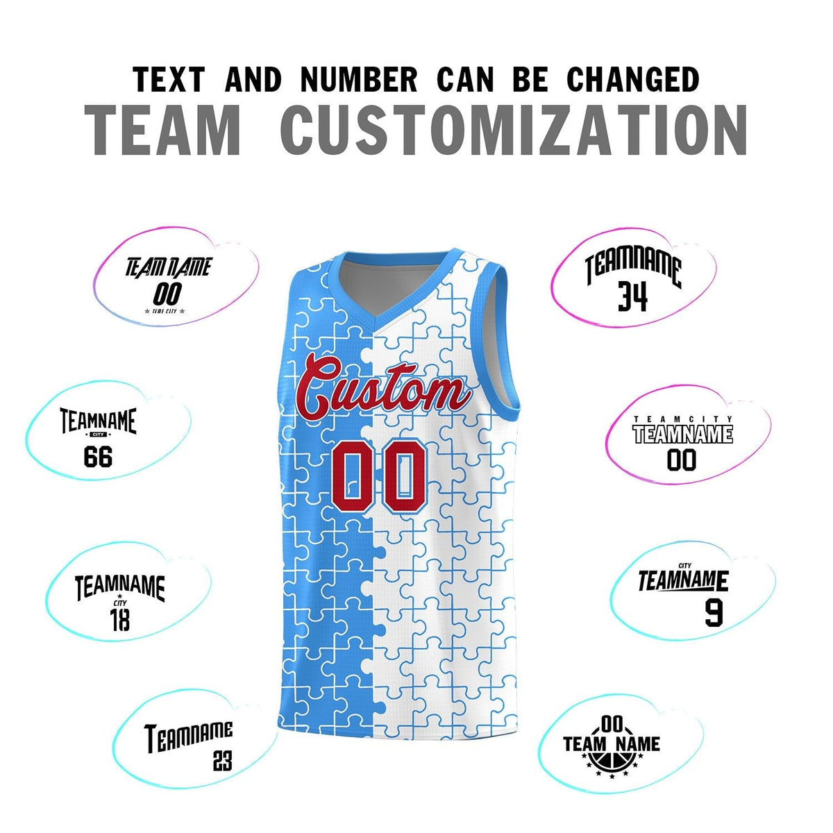 Custom Youth Basketball Jersey Light Blue White Puzzle Pattern Personalized Team Uniform