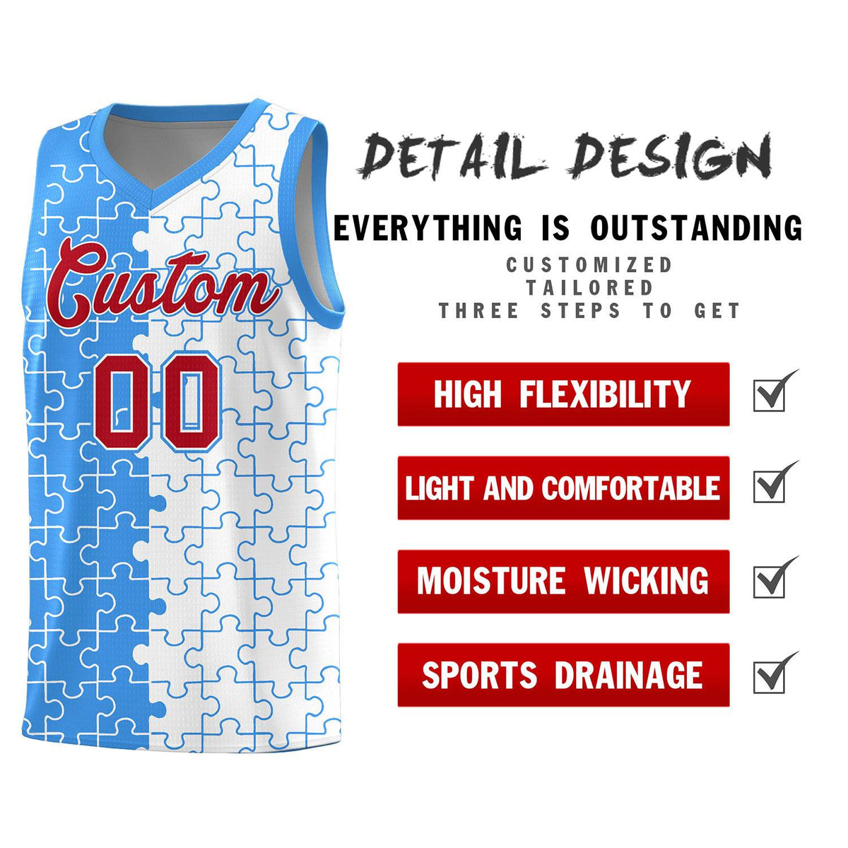 Custom Youth Basketball Jersey Light Blue White Puzzle Pattern Personalized Team Uniform