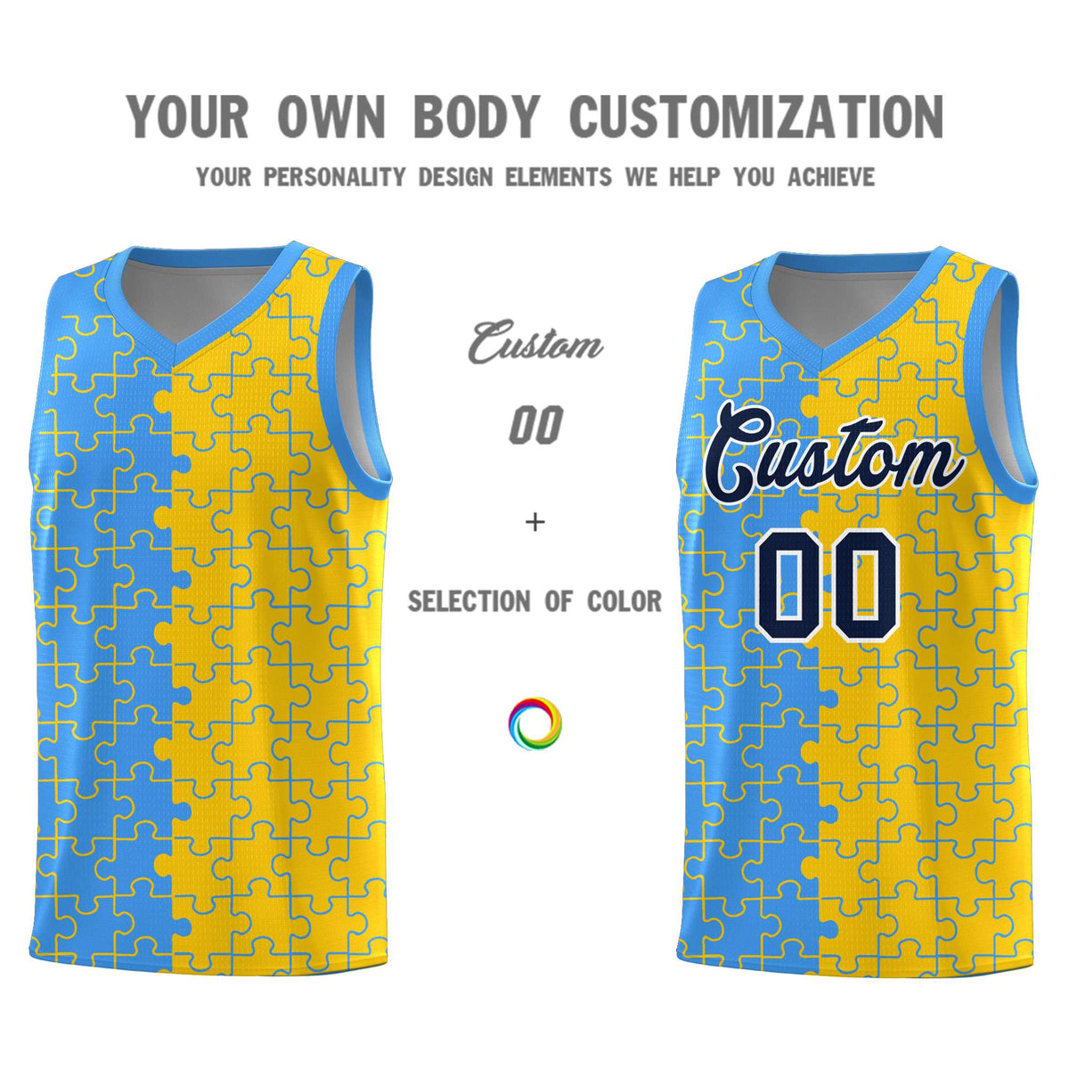 Custom Youth Basketball Jersey Light Blue Gold Puzzle Pattern Add Name, Number &amp; Team Logo