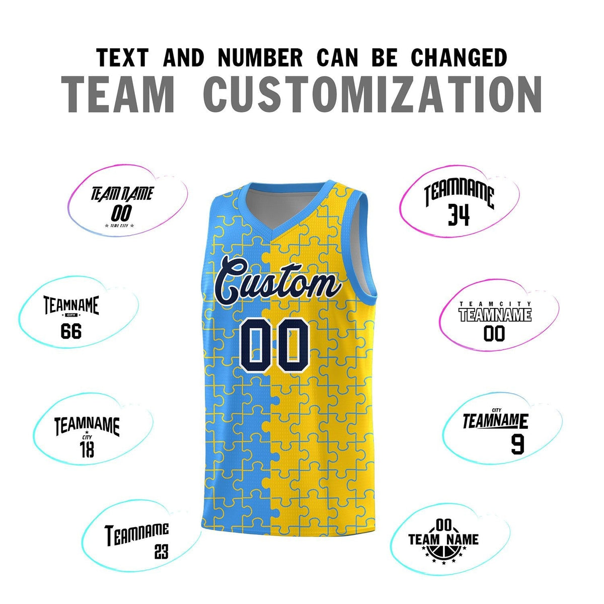 Custom Youth Basketball Jersey Light Blue Gold Puzzle Pattern Add Name, Number &amp; Team Logo
