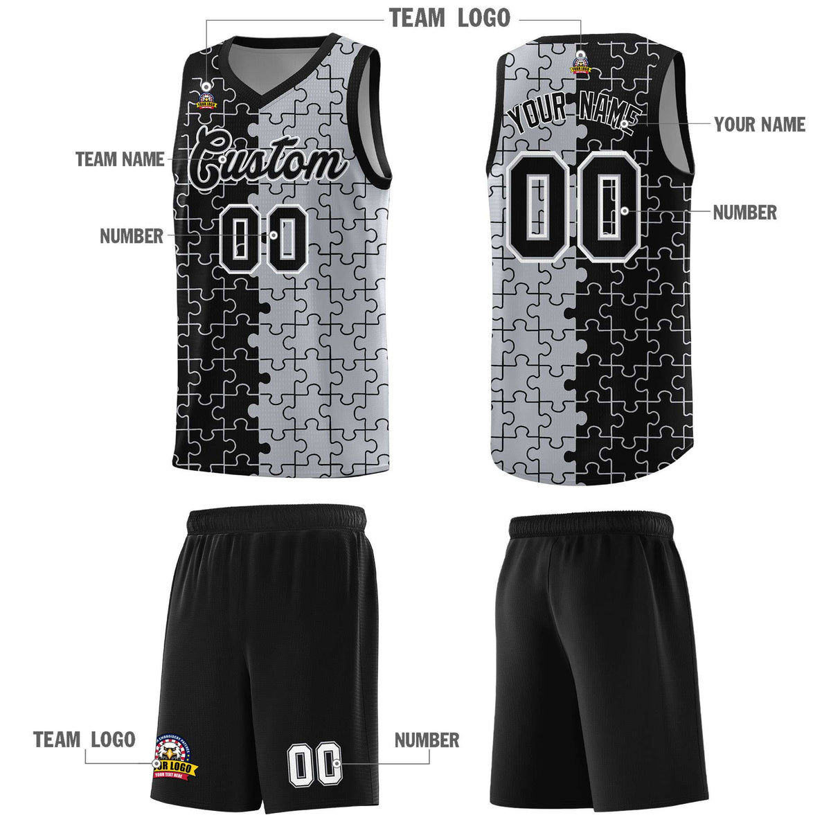 Custom Youth Basketball Jersey Black Gray Puzzle Pattern Moisture-Wicking Team Uniform