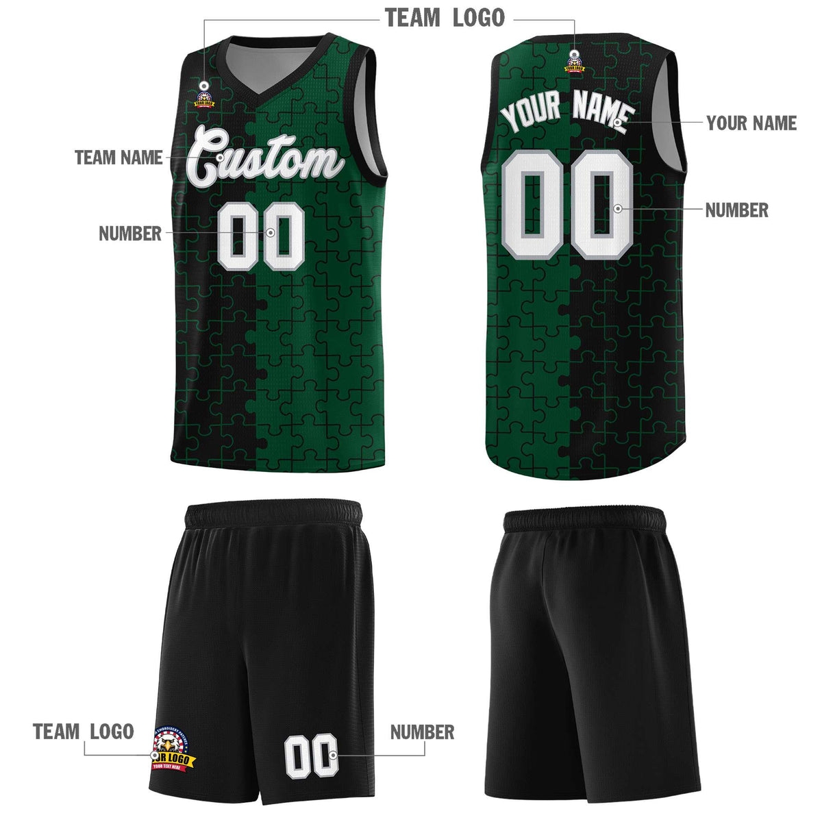 Custom Youth Basketball Jersey Black Green Puzzle Pattern Breathable Team Uniform