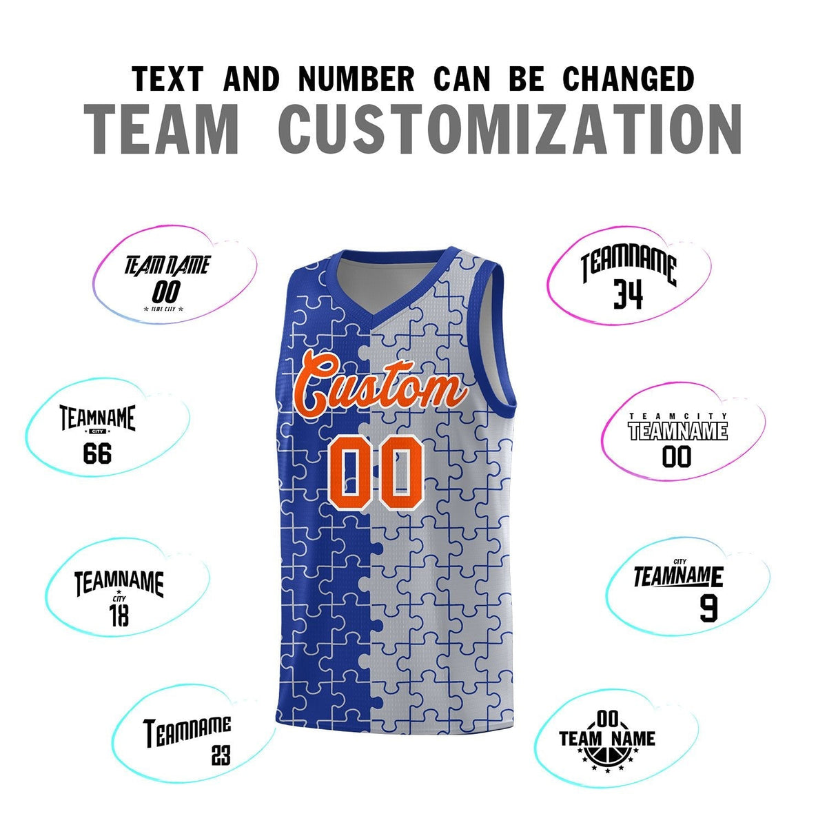 Custom Youth Basketball Jersey Royal Blue Gray Puzzle Pattern Moisture-Wicking Team Uniform
