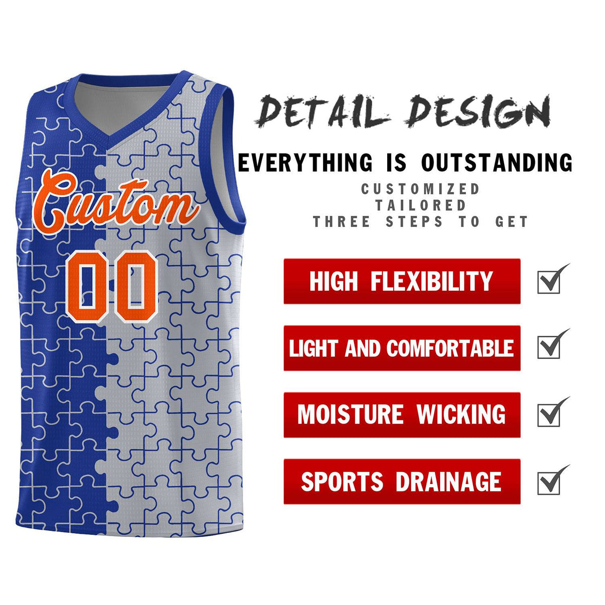 Custom Youth Basketball Jersey Royal Blue Gray Puzzle Pattern Moisture-Wicking Team Uniform