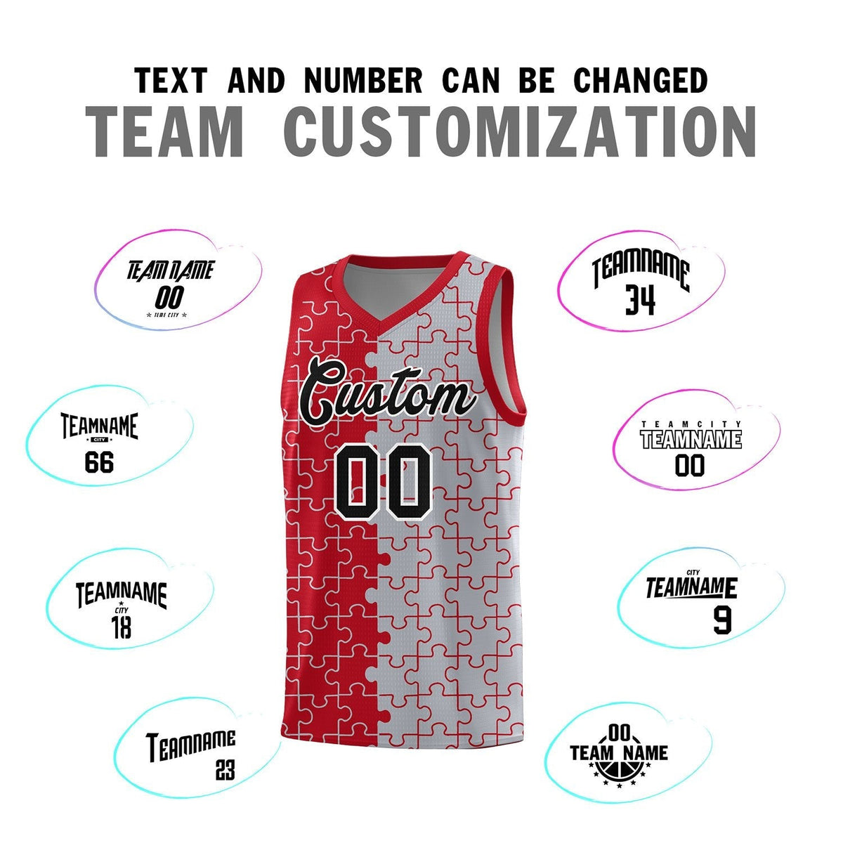 Custom Youth Basketball Jersey Red Gray Puzzle Pattern Add Name, Number &amp; Team Logo