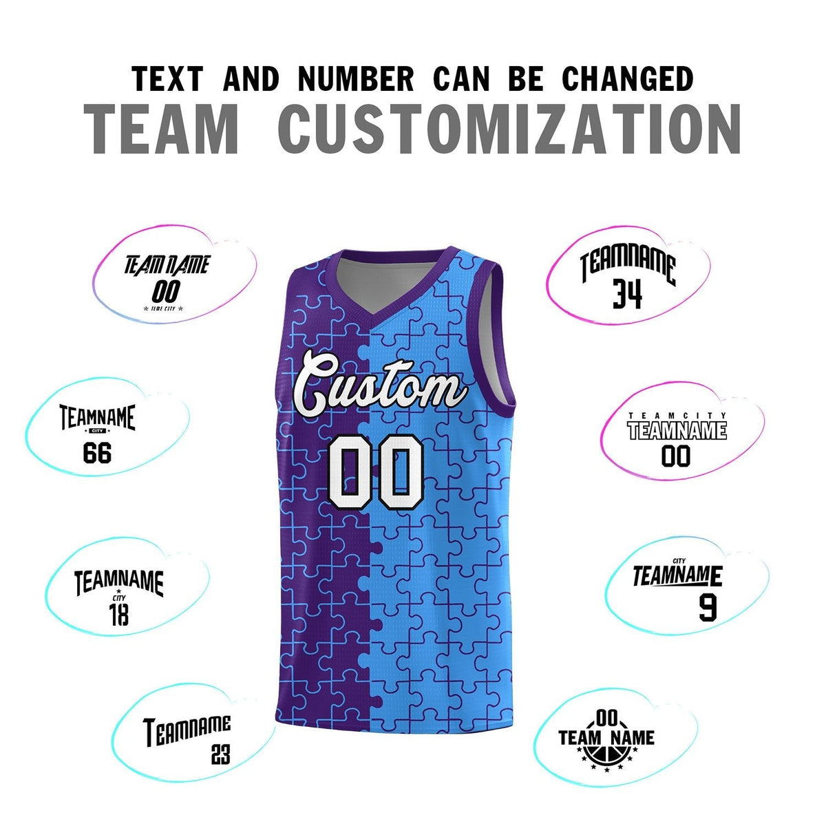 Custom Youth Basketball Jersey Purple Light Blue Puzzle Pattern Breathable Team Uniform