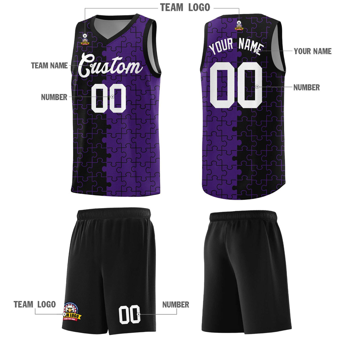 Custom Youth Basketball Jersey Black Purple Puzzle Pattern Moisture-Wicking Team Uniform