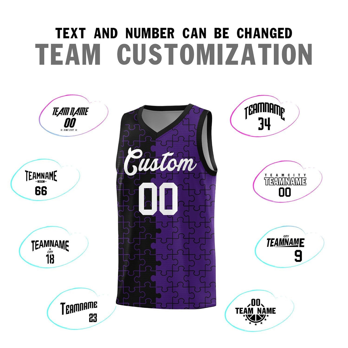 Custom Youth Basketball Jersey Black Purple Puzzle Pattern Moisture-Wicking Team Uniform
