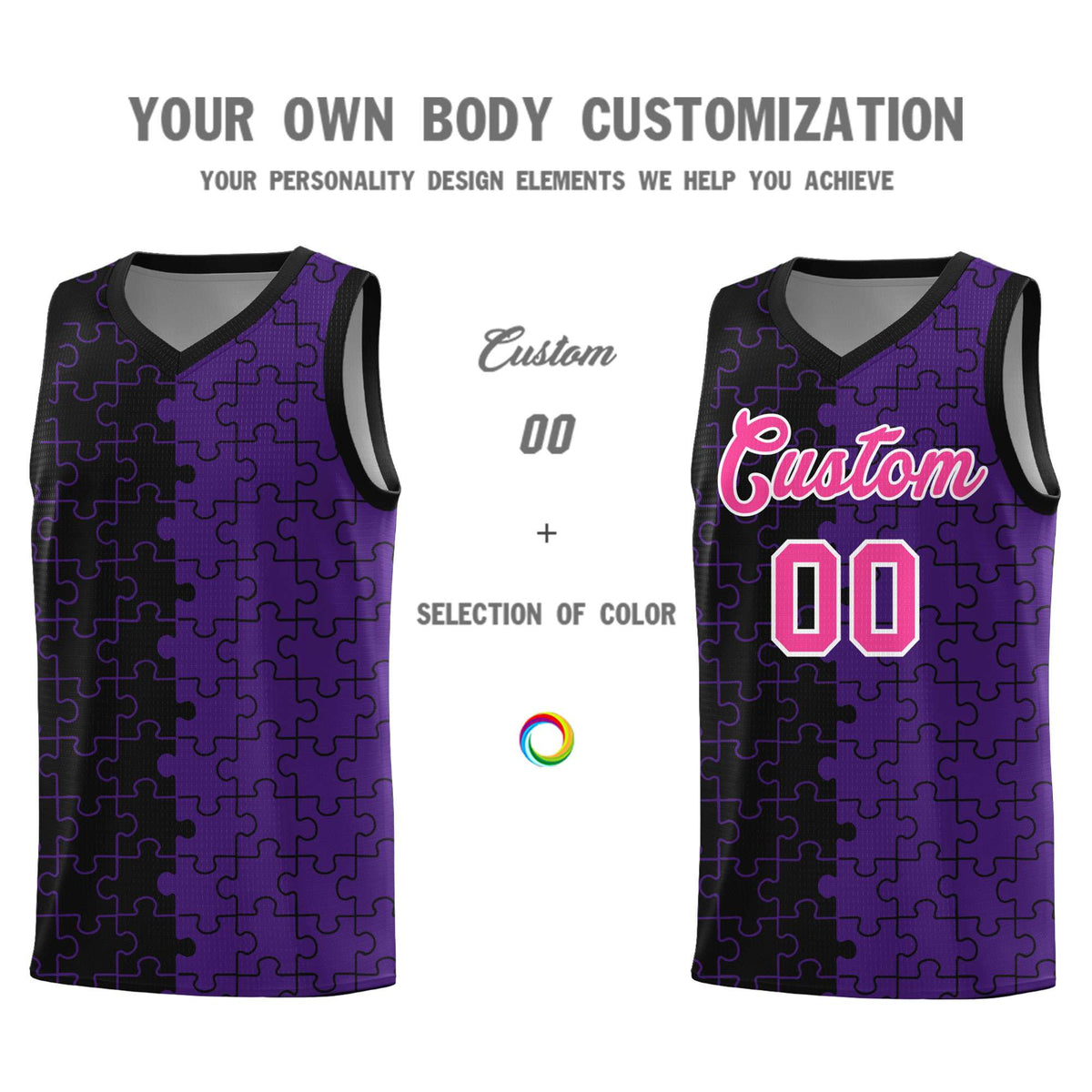 Custom Youth Basketball Jersey Black Purple Puzzle Pattern Personalized Team Uniform