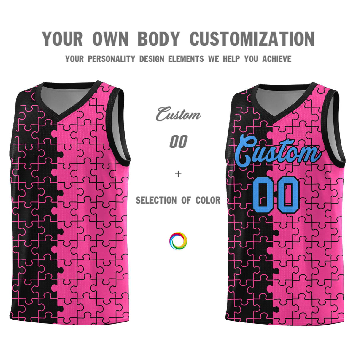 Custom Youth Basketball Jersey Black Pink Puzzle Pattern Add Name, Number &amp; Team Logo