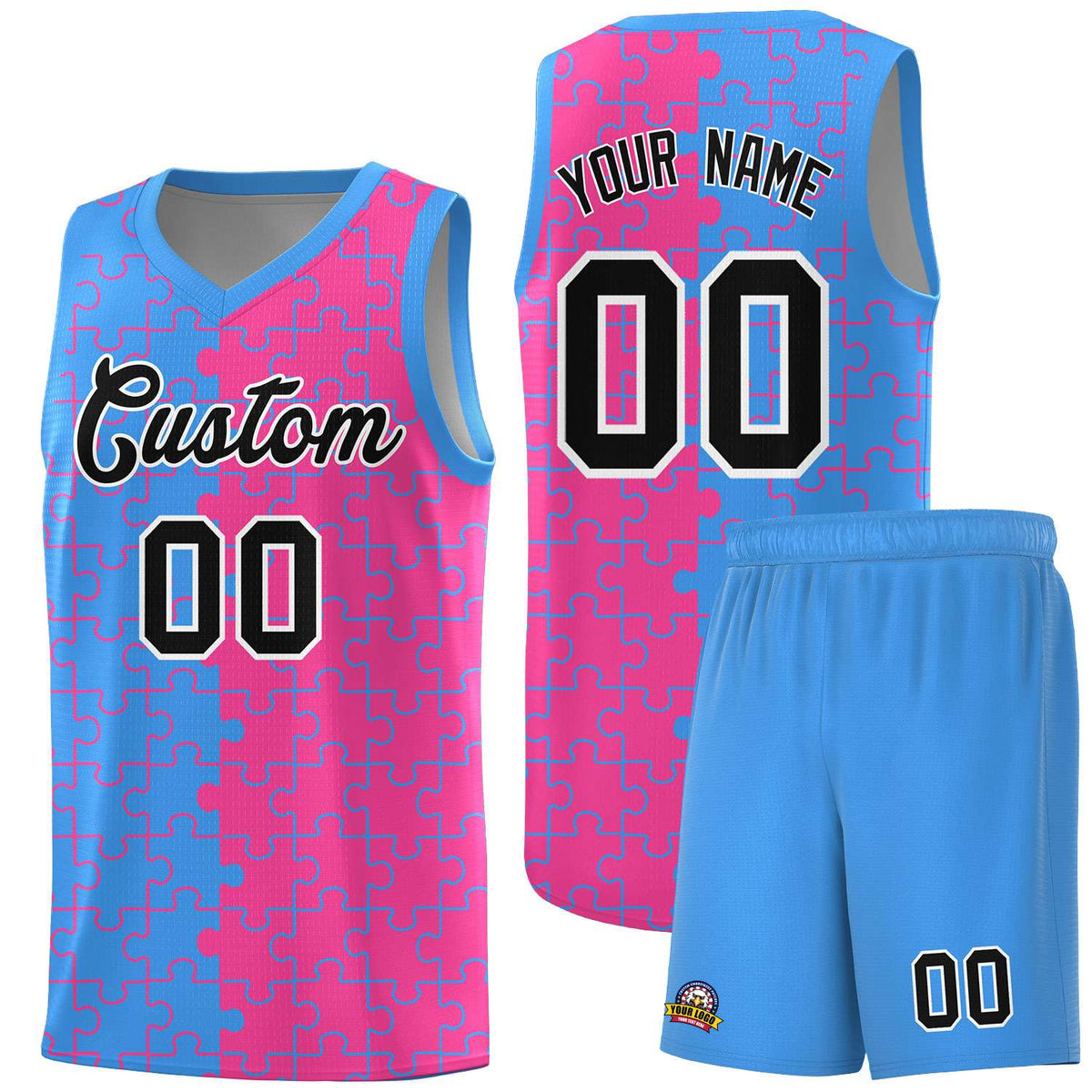 Custom Youth Basketball Jersey Light Blue Pink Puzzle Pattern Breathable Team Uniform