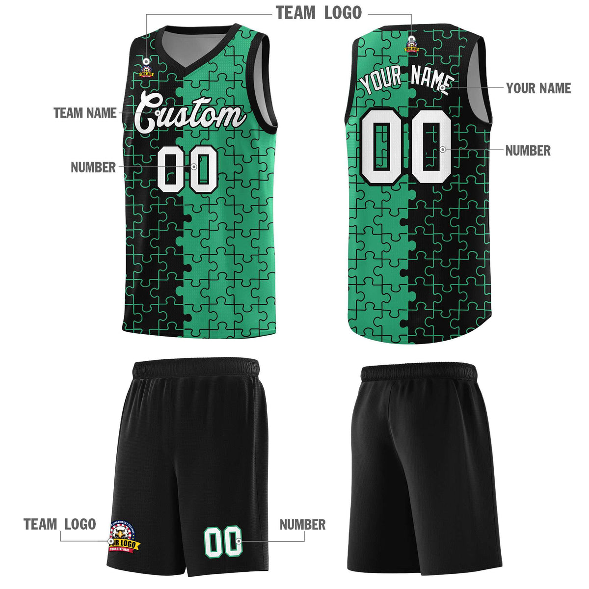 Custom Youth Basketball Jersey Black Green Puzzle Pattern Personalized Team Uniform