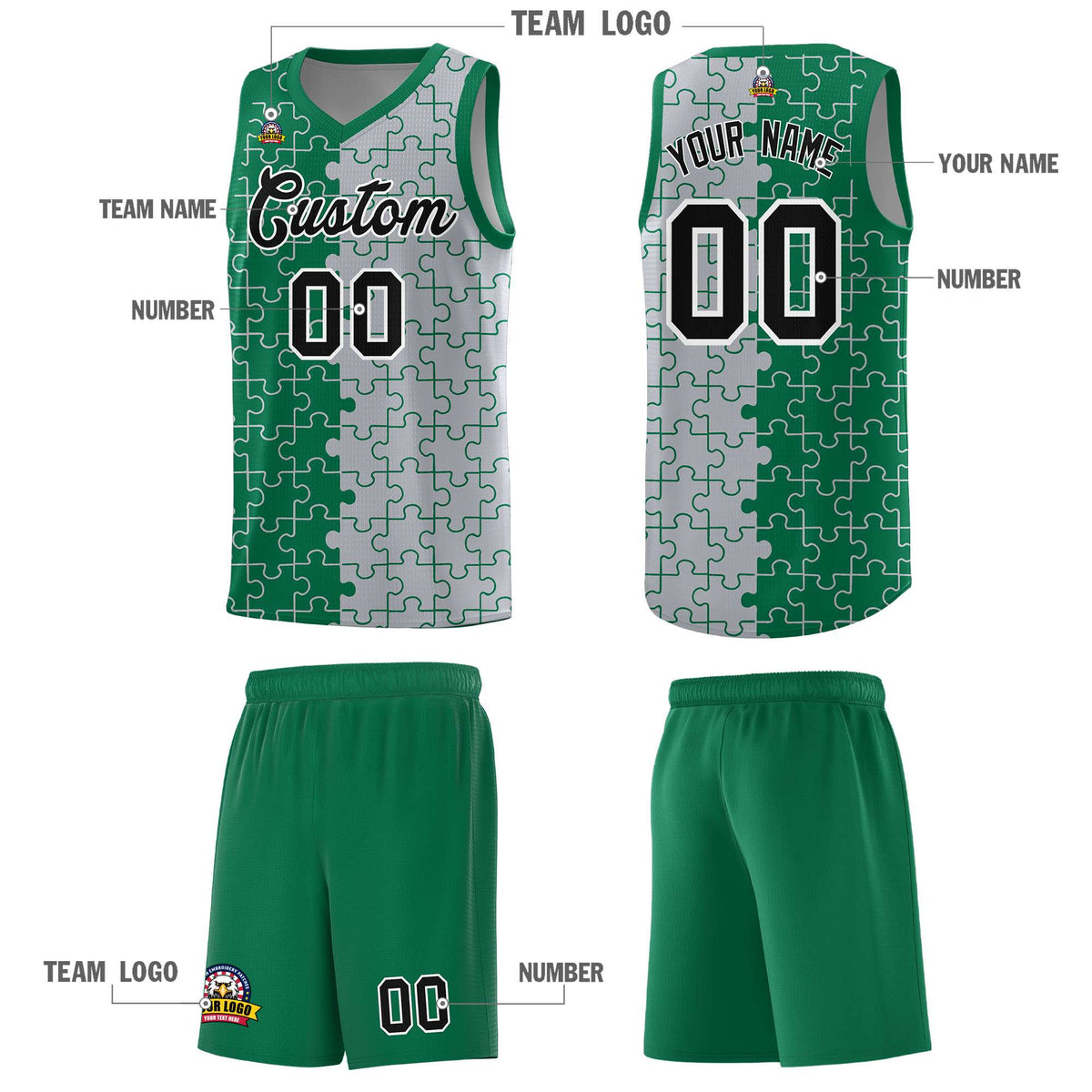 Custom Youth Basketball Jersey Kelly Green Gray Puzzle Pattern Add Name, Number &amp; Team Logo
