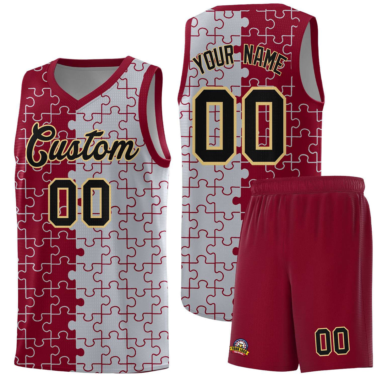 Custom Youth Basketball Jersey Crimson Gray Puzzle Pattern Moisture-Wicking Team Uniform