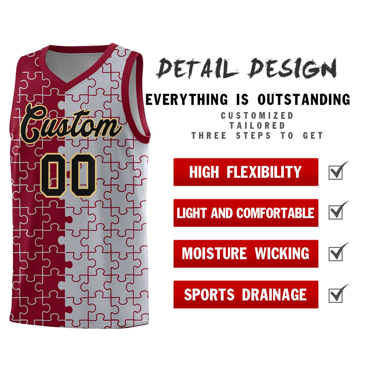 Custom Youth Basketball Jersey Crimson Gray Puzzle Pattern Moisture-Wicking Team Uniform