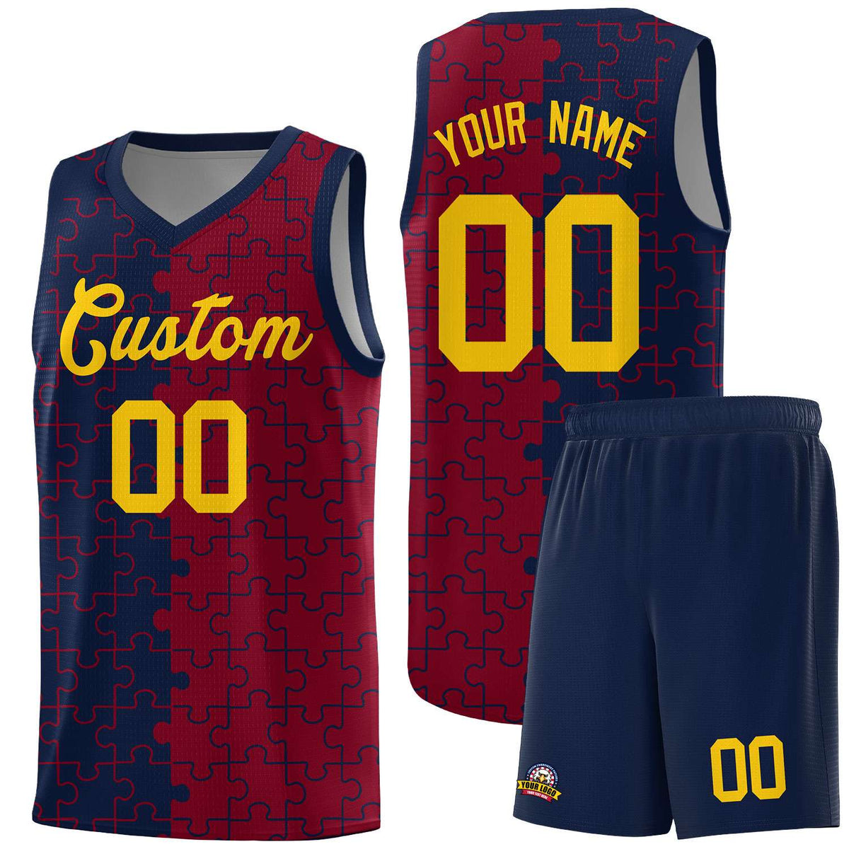 Custom Youth Basketball Jersey Navy Crimson Puzzle Pattern Personalized Team Uniform
