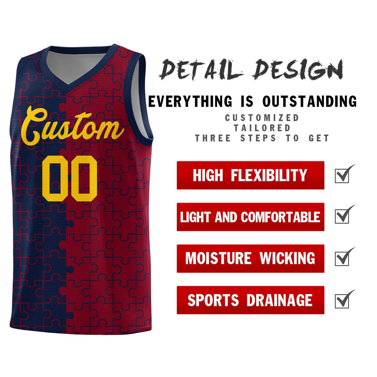 Custom Youth Basketball Jersey Navy Crimson Puzzle Pattern Personalized Team Uniform