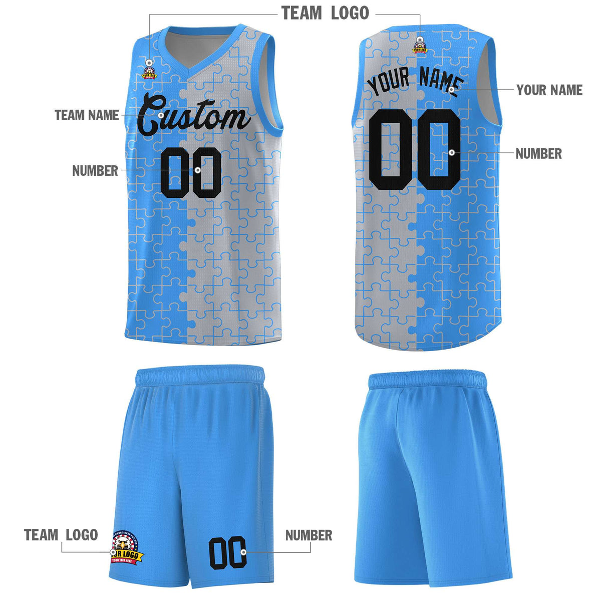 Custom Youth Basketball Jersey Light Blue Gray Puzzle Pattern Add Name, Number &amp; Team Logo